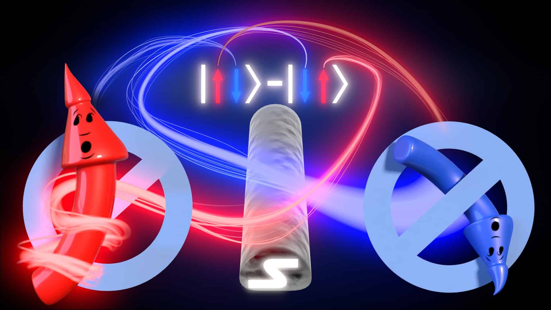 digital illustration of two entangled electron with opposite spins